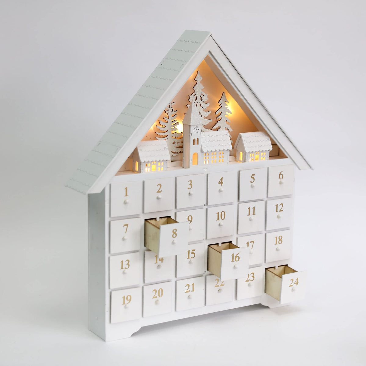Wooden Christmas Advent Calendar with 24 Drawers and LED Lights