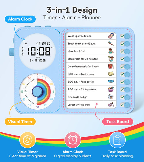 3 in 1 ADHD Visual Timer with Chore Chart and Planning Board