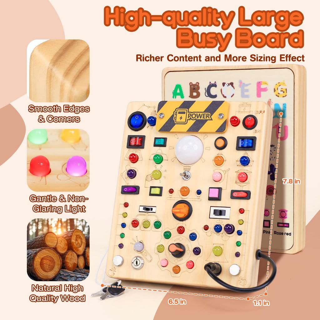 Montessori Busy Board with 19 LED Light Switches for Toddlers