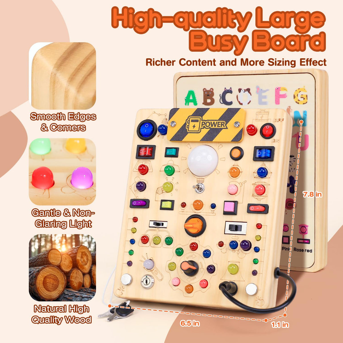 Montessori Busy Board with 19 LED Light Switches for Toddlers