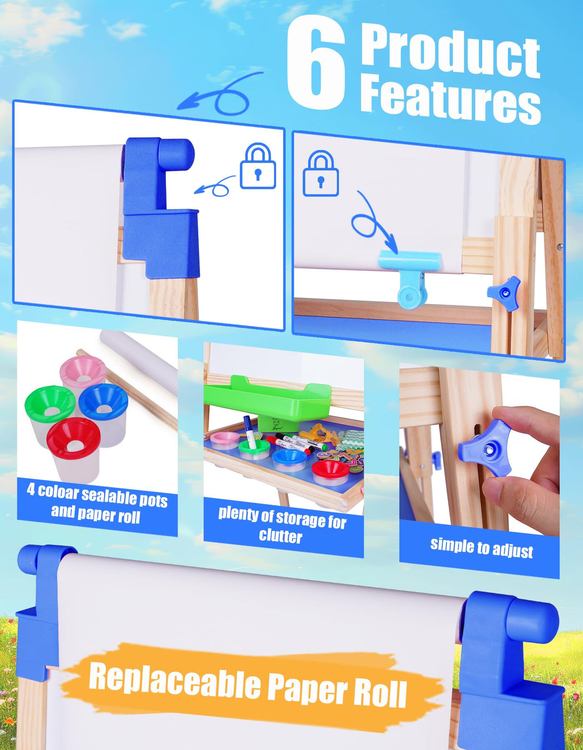 Adjustable Wooden Art Easel with Paper Roll and Drawing Board