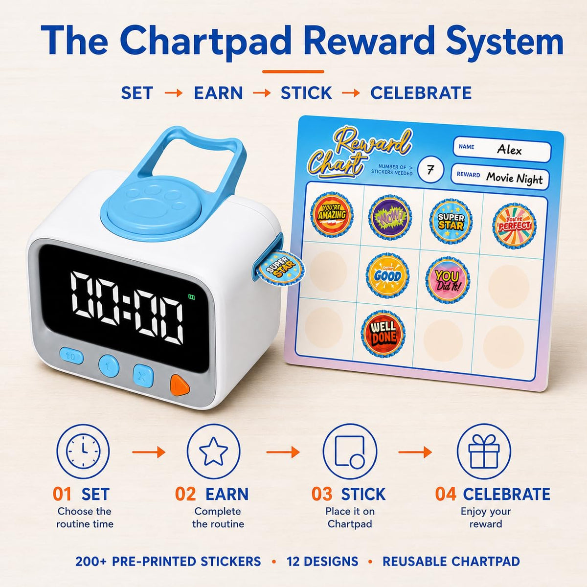 Rechargeable Visual Countdown Timer with 200 Reward Stickers