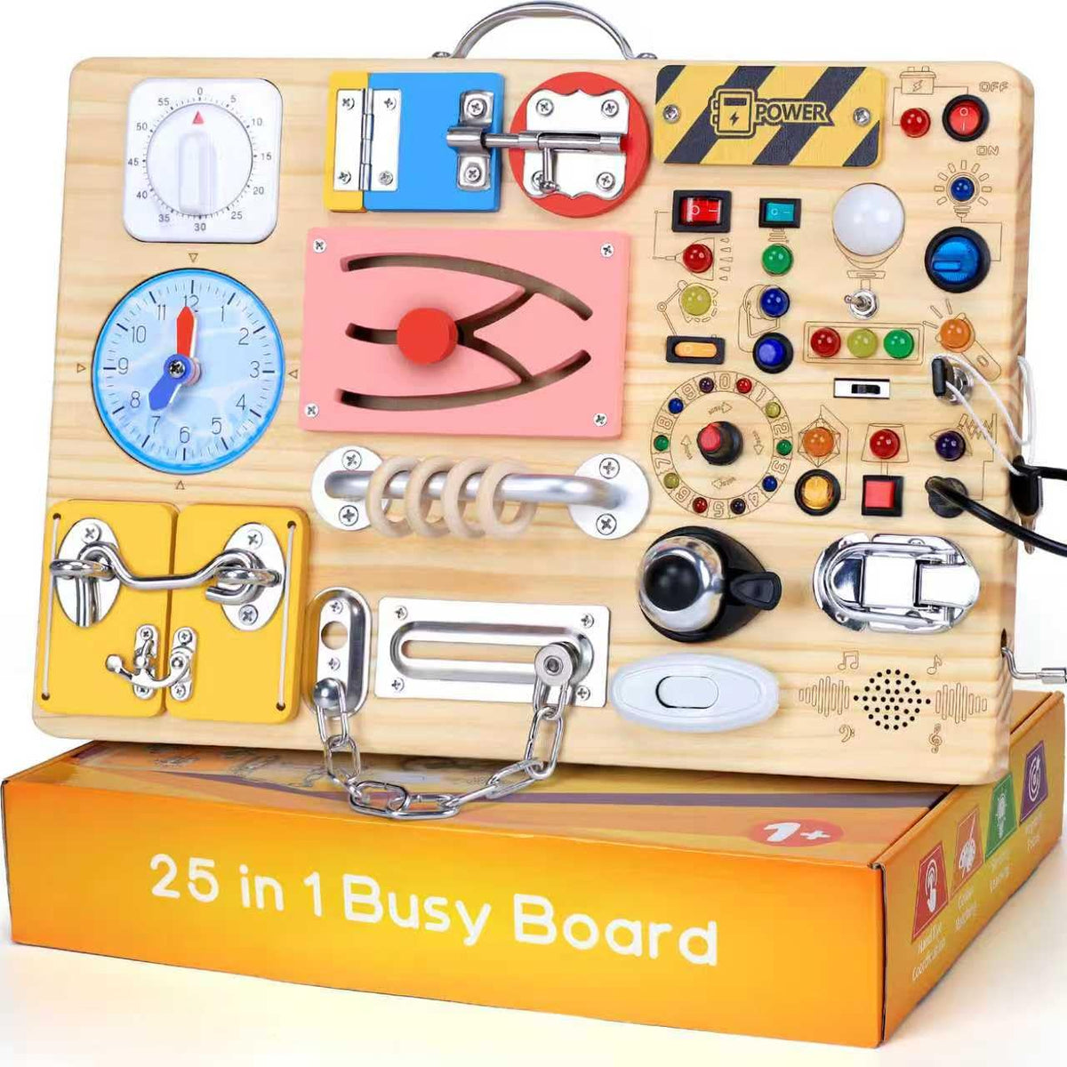 Montessori Busy Board with 19 LED Light Switches for Toddlers