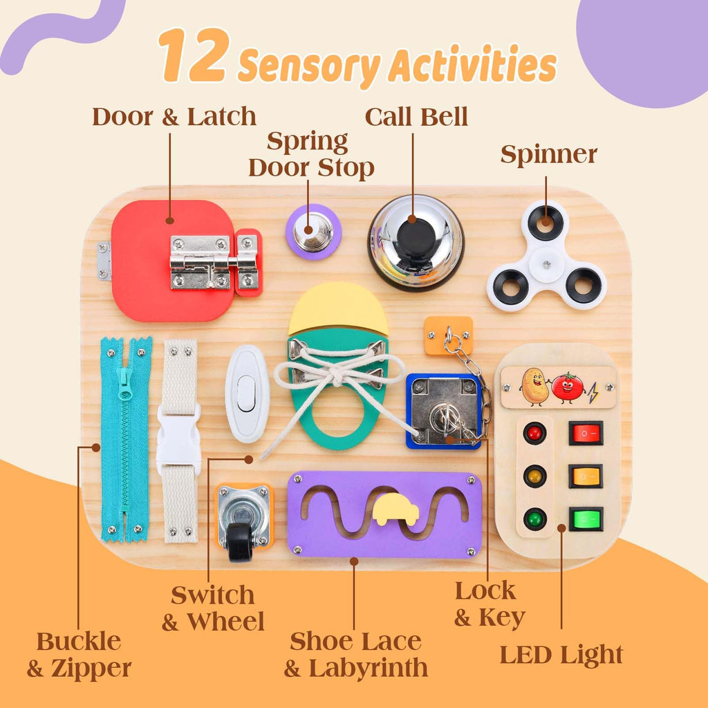 Montessori LED Busy Board Wooden Sensory Toy for Toddlers
