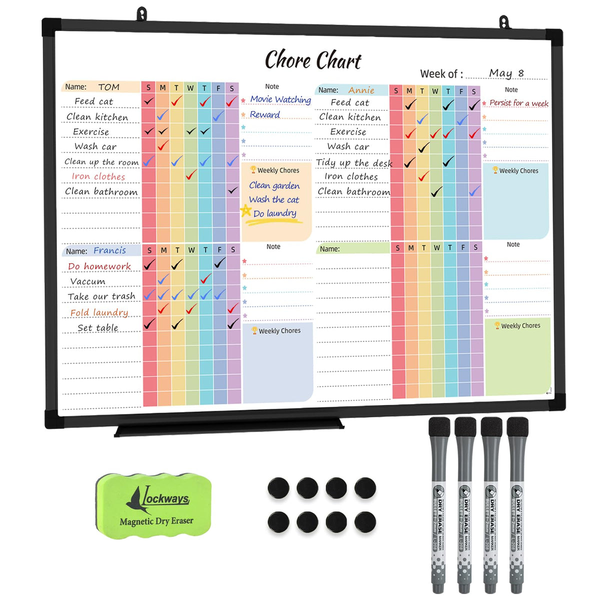 Magnetic Dry Erase Chore Chart Board 36 x 24 Inches