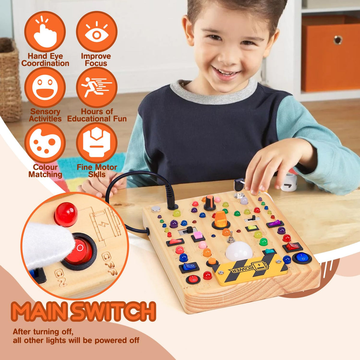 Montessori Busy Board with 19 LED Light Switches for Toddlers