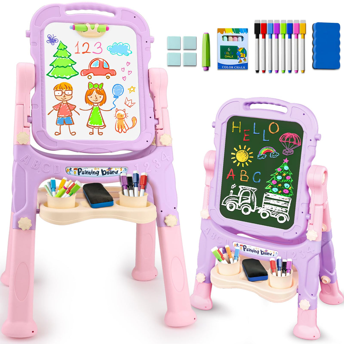 Adjustable Kids Easel with Magnetic Whiteboard and Chalkboard