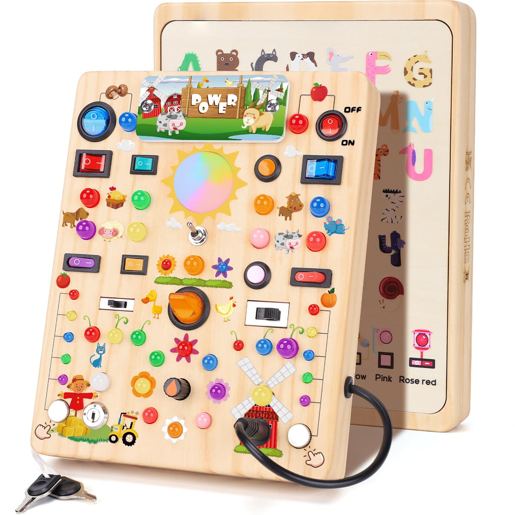Montessori Busy Board with 19 LED Light Switches for Toddlers