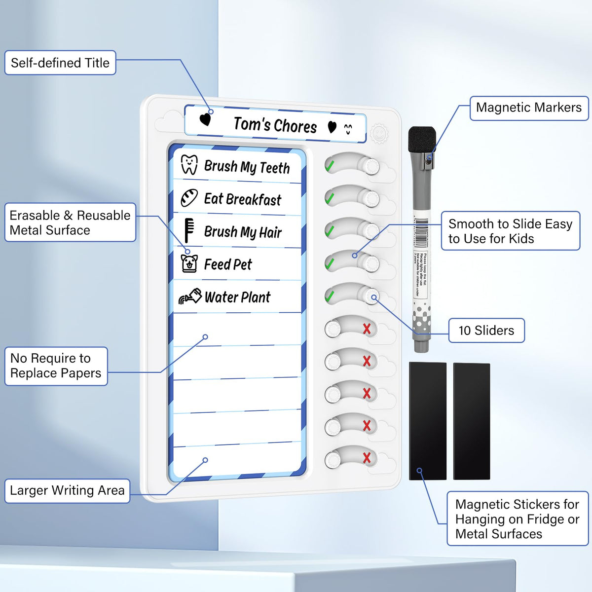 Magnetic Dry Erase Chore Chart with Task Sliders for Kids