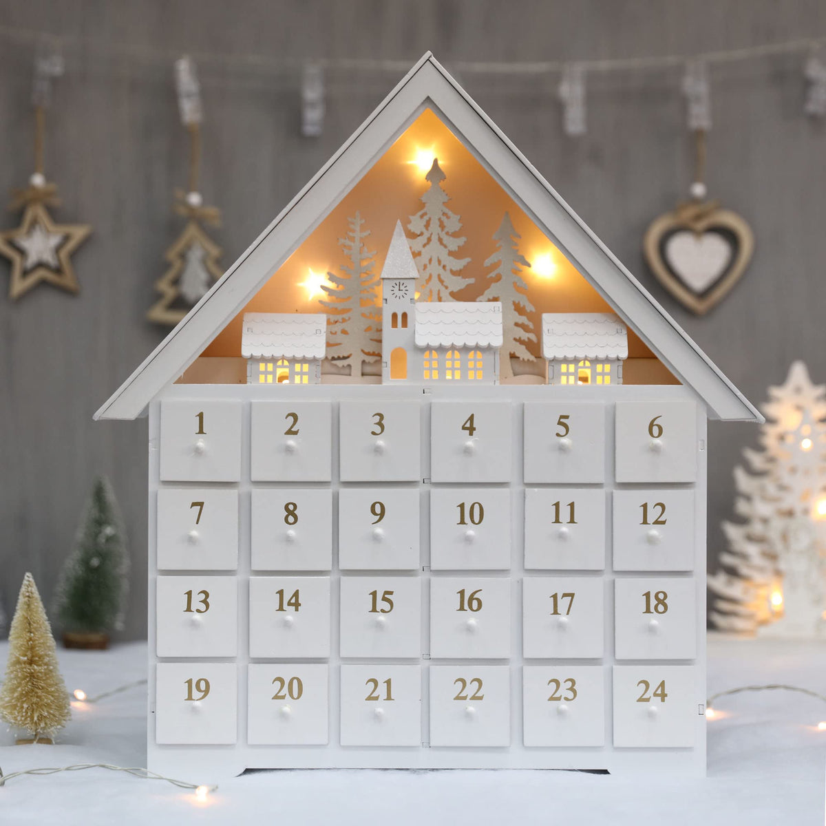 Wooden Christmas Advent Calendar with 24 Drawers and LED Lights