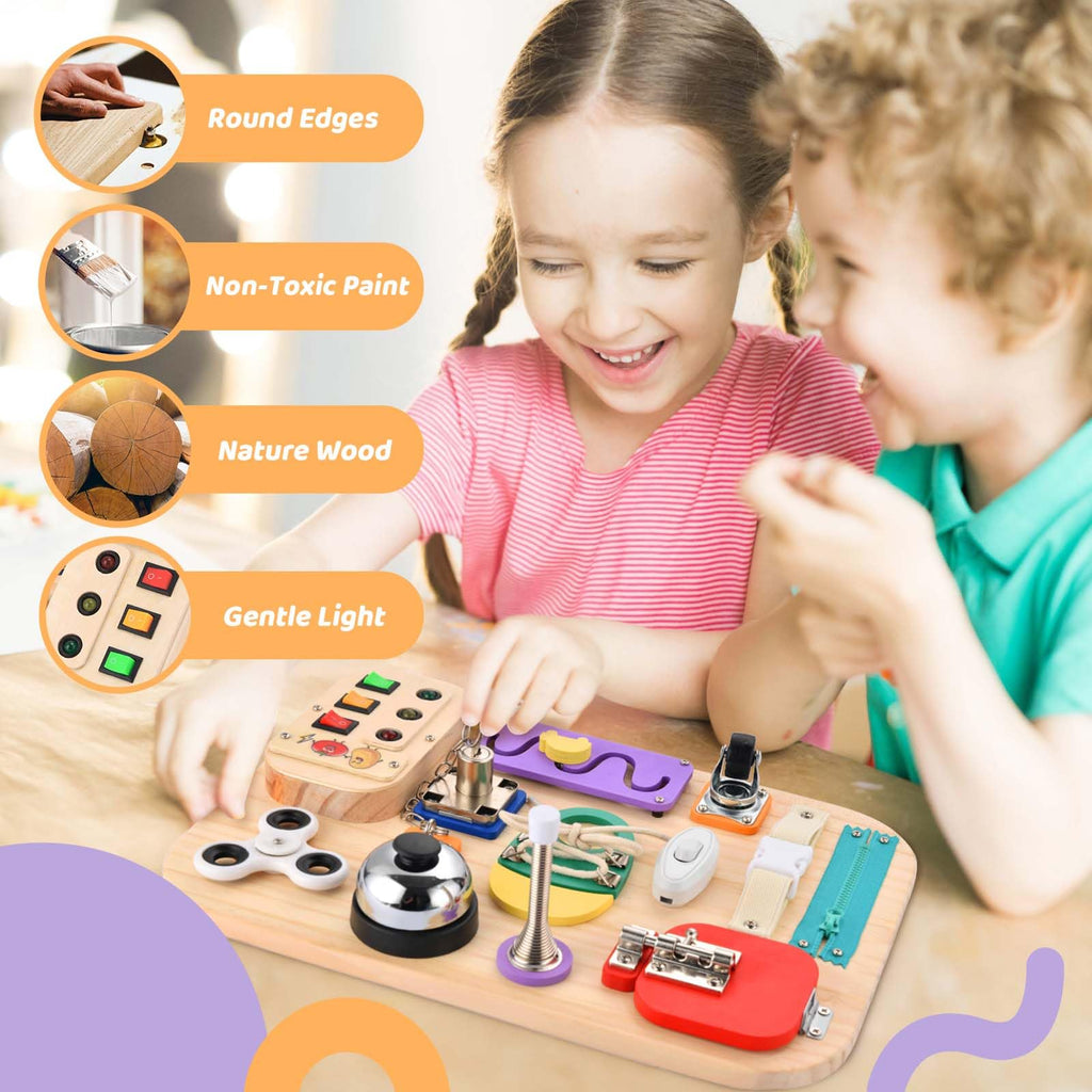 Montessori LED Busy Board Wooden Sensory Toy for Toddlers