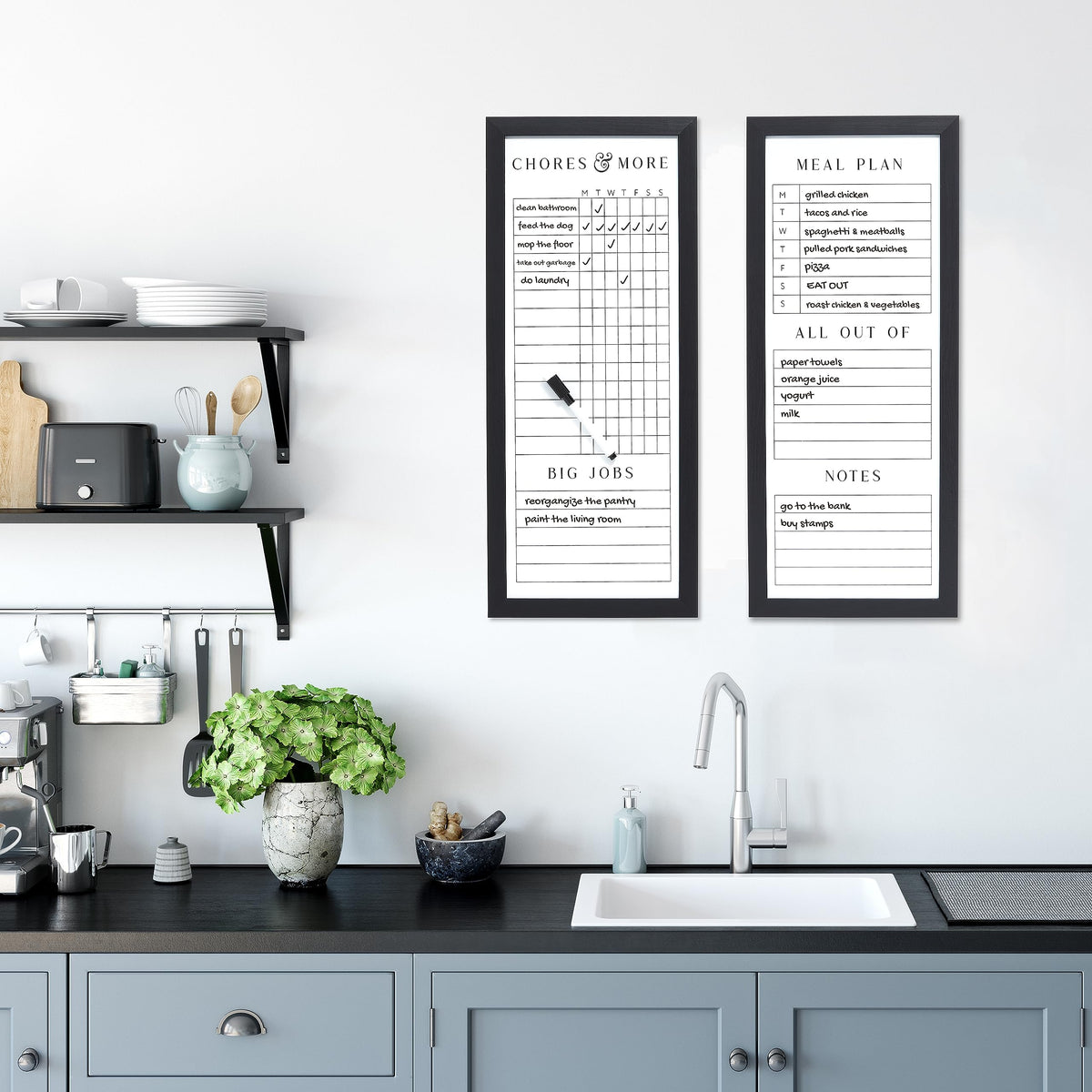 Two Dry Erase Family Planner Boards for Chores Meals and Lists