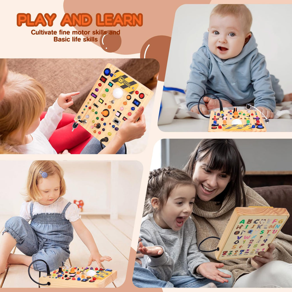 Montessori Busy Board with 19 LED Light Switches for Toddlers