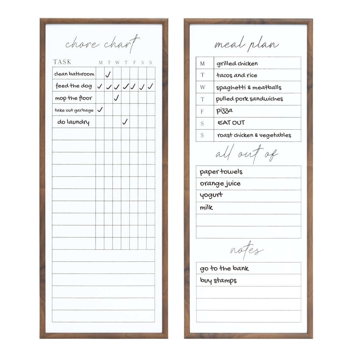 Two Dry Erase Family Planner Boards for Chores Meals and Lists