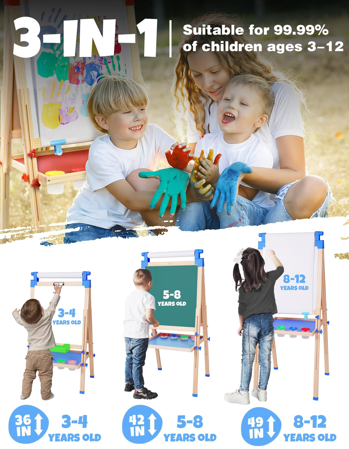 Adjustable Wooden Art Easel with Paper Roll and Drawing Board