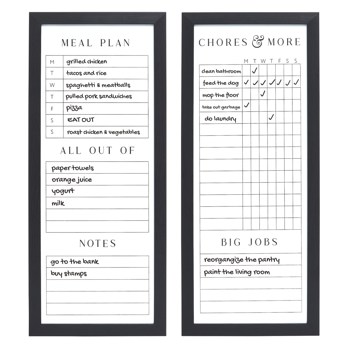 Two Dry Erase Family Planner Boards for Chores Meals and Lists