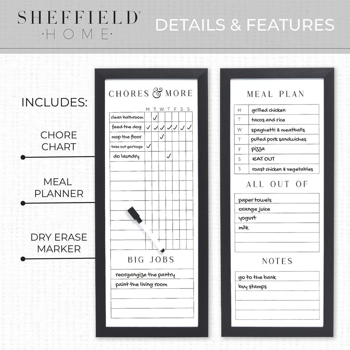 Two Dry Erase Family Planner Boards for Chores Meals and Lists